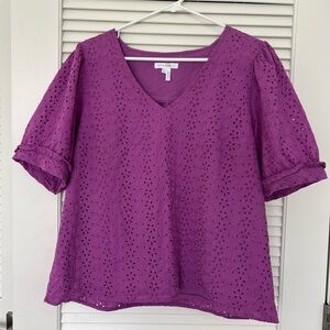 Draper James Purple Eyelet V-Neck Blouse